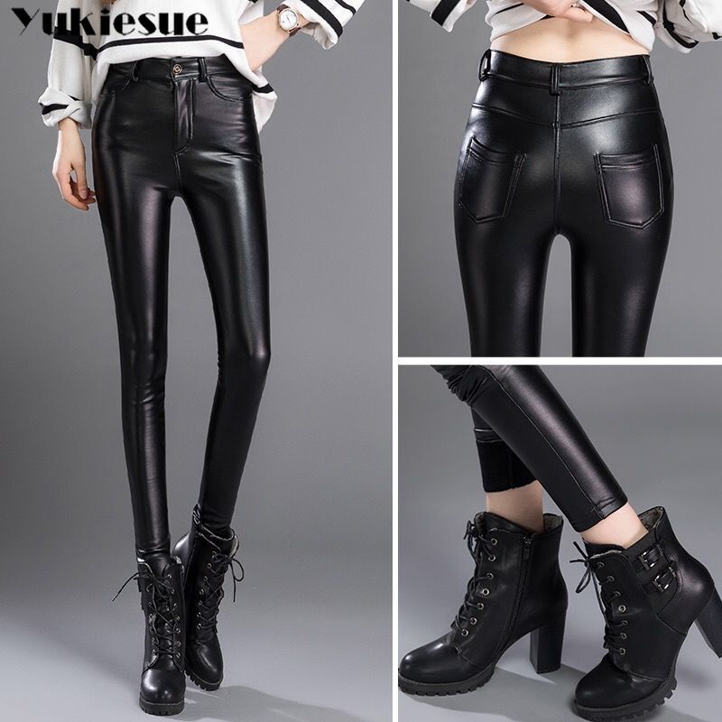 leather pants High elastic shiny trousers slim female