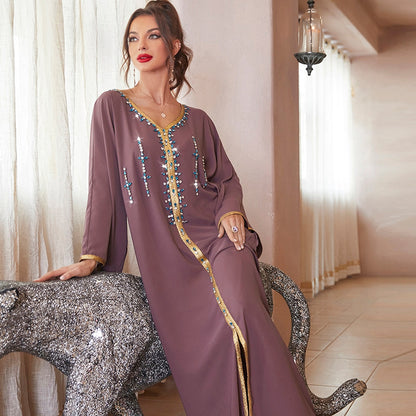 Fashion Diamonds Pullover Long Sleeve Robe Muslim Dress Abaya