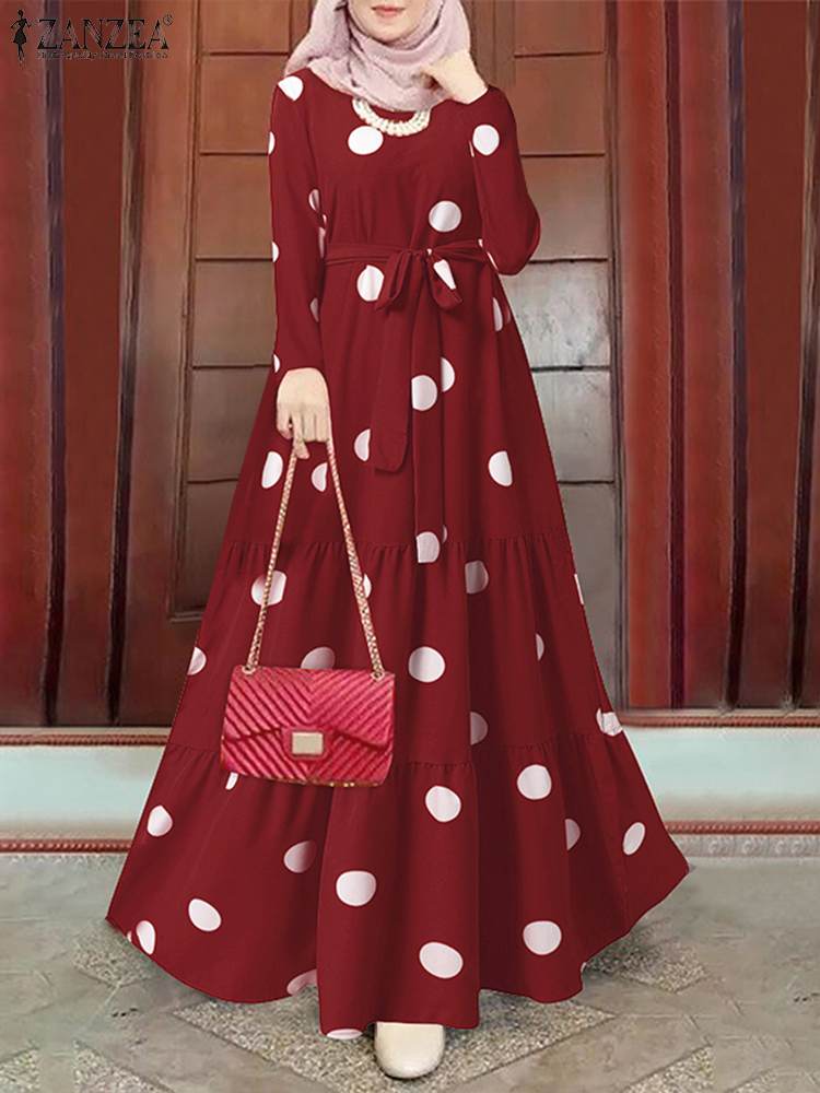 Women's Vintage Polka Dot Printed Abaya Dress Islamic Clothing