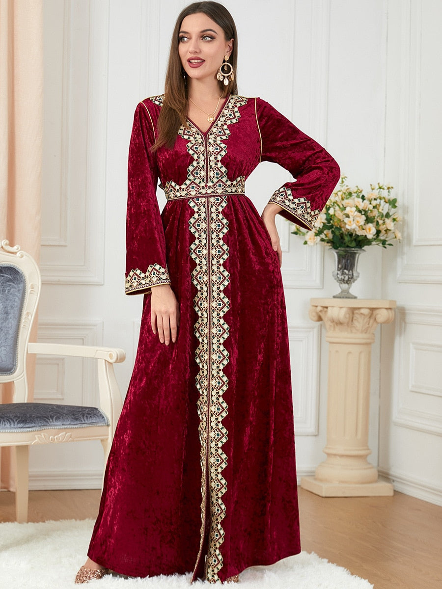 Velvet Muslim Dress Women Kaftan Embroidery Morocco Party Dress