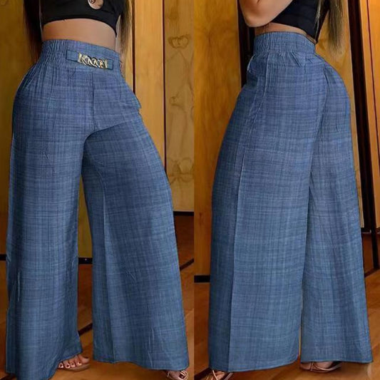 Waist Wide Leg Straight Pants Women Chain High Casual Pocket Design