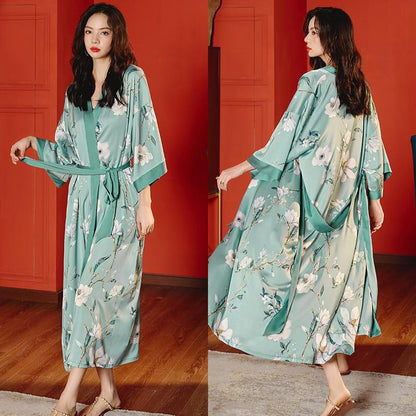 Black Print Floral Long Robe Nightgown Half Sleeve