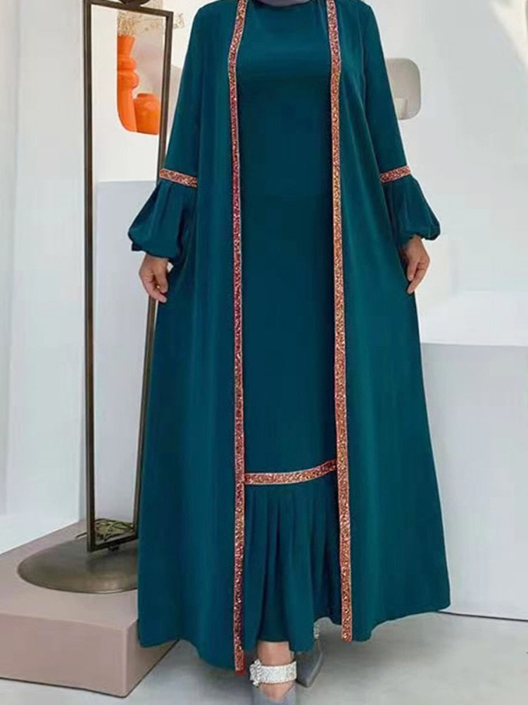Dress 2 Piece Set Caftan Gowns Arabic Kimono Cardigan