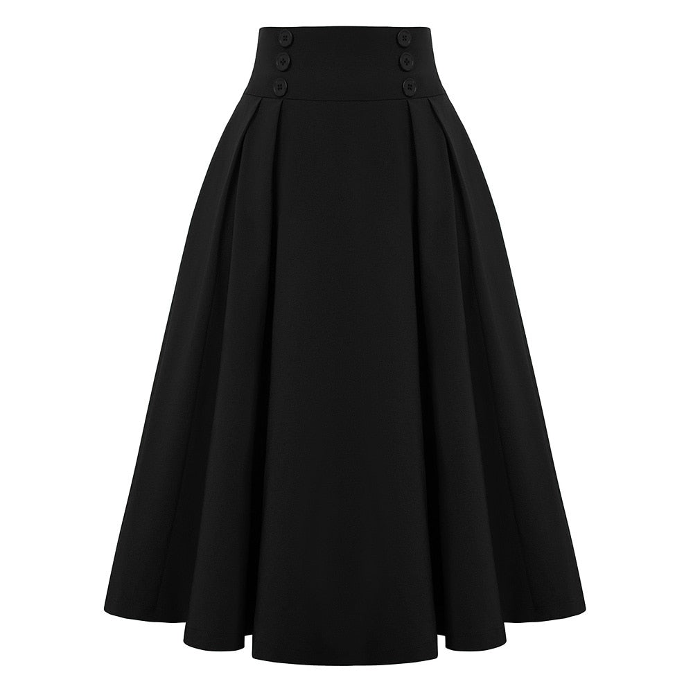 Elastic Waist A Line Elegant Flared Midi Skirts Solid Color