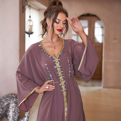 Fashion Diamonds Pullover Long Sleeve Robe Muslim Dress Abaya