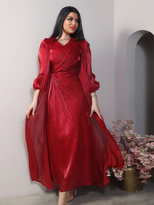 2 Piece Set Silky Satin Women Abaya Muslim Dresses