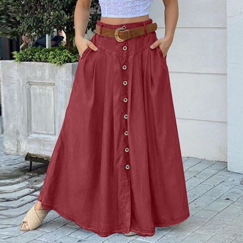 Women Button Patchwork Long Skirts