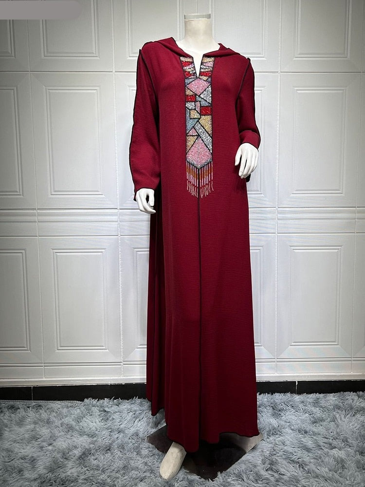 Abayas For Women Hooded Long Sleeve Maxi Dress Rhinestone Beaded