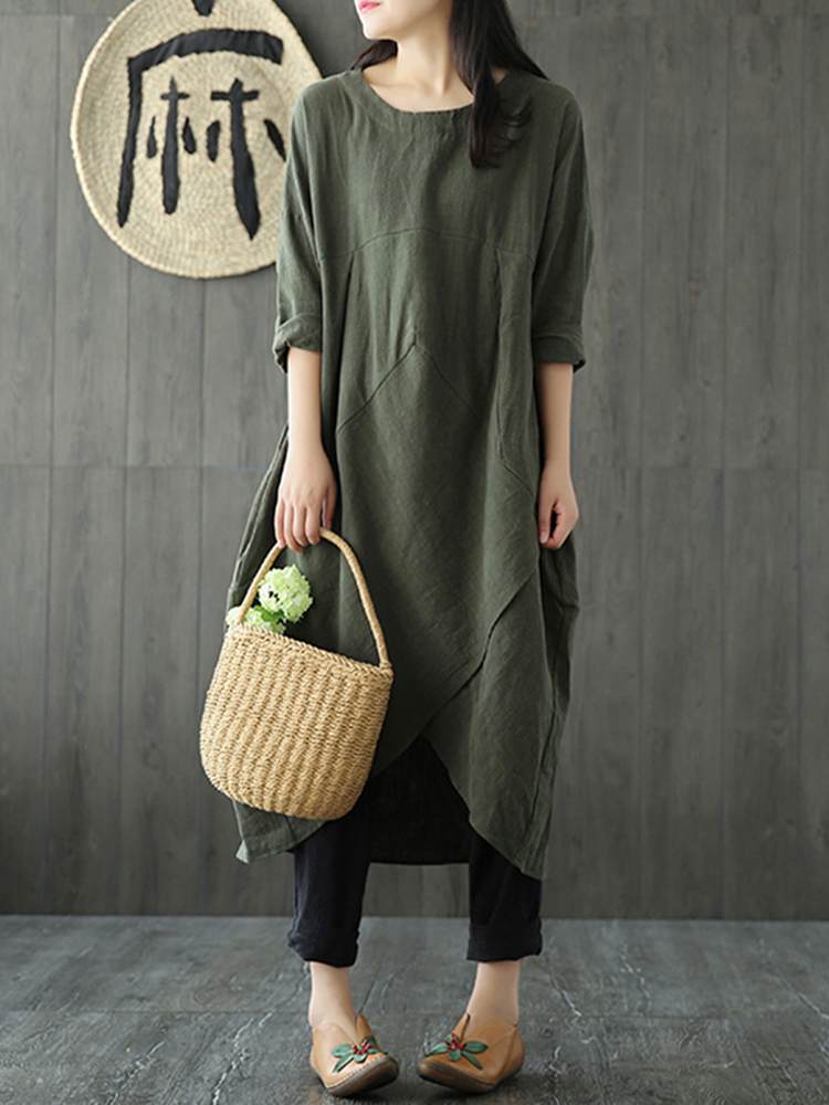 Women's Autumn Long Sleeve Irregular Hem Loose Solid Midi Dress