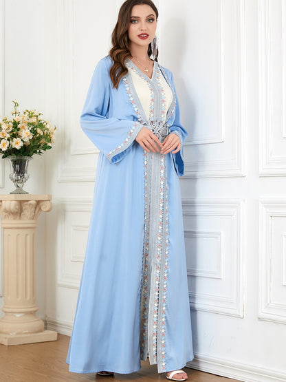 Muslim Party Women 2 Piece Set Belt Embroidery Kaftan