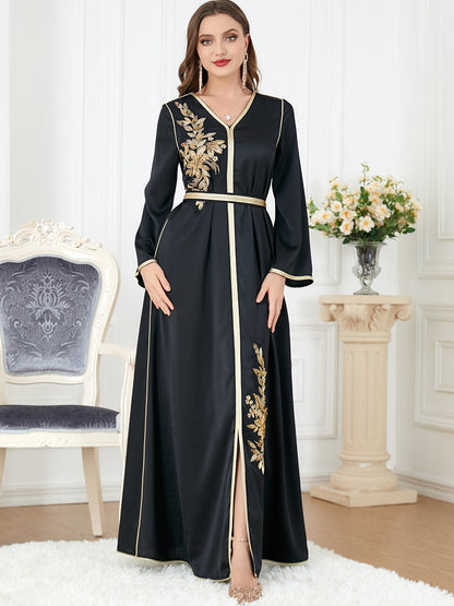 Elegant Muslim Dress Women Abaya Belted Embroidery