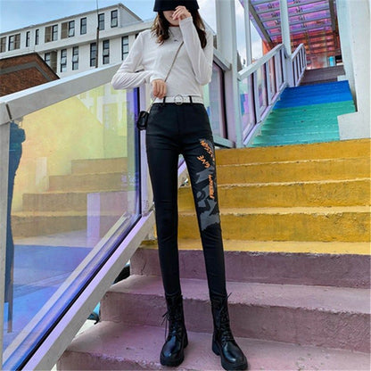 Leather Pants Women´s High Waist Feet Winter Black Casual Pants