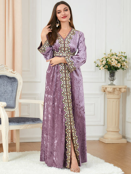 Velvet Muslim Dress Women Kaftan Embroidery Morocco Party Dress