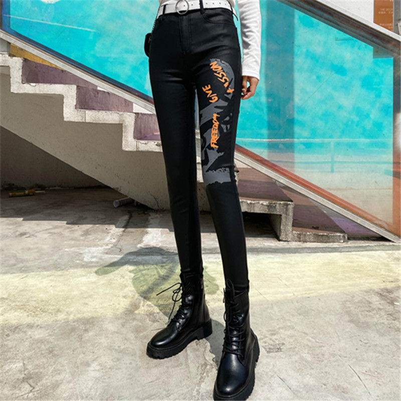 Leather Pants Women´s High Waist Feet Winter Black Casual Pants