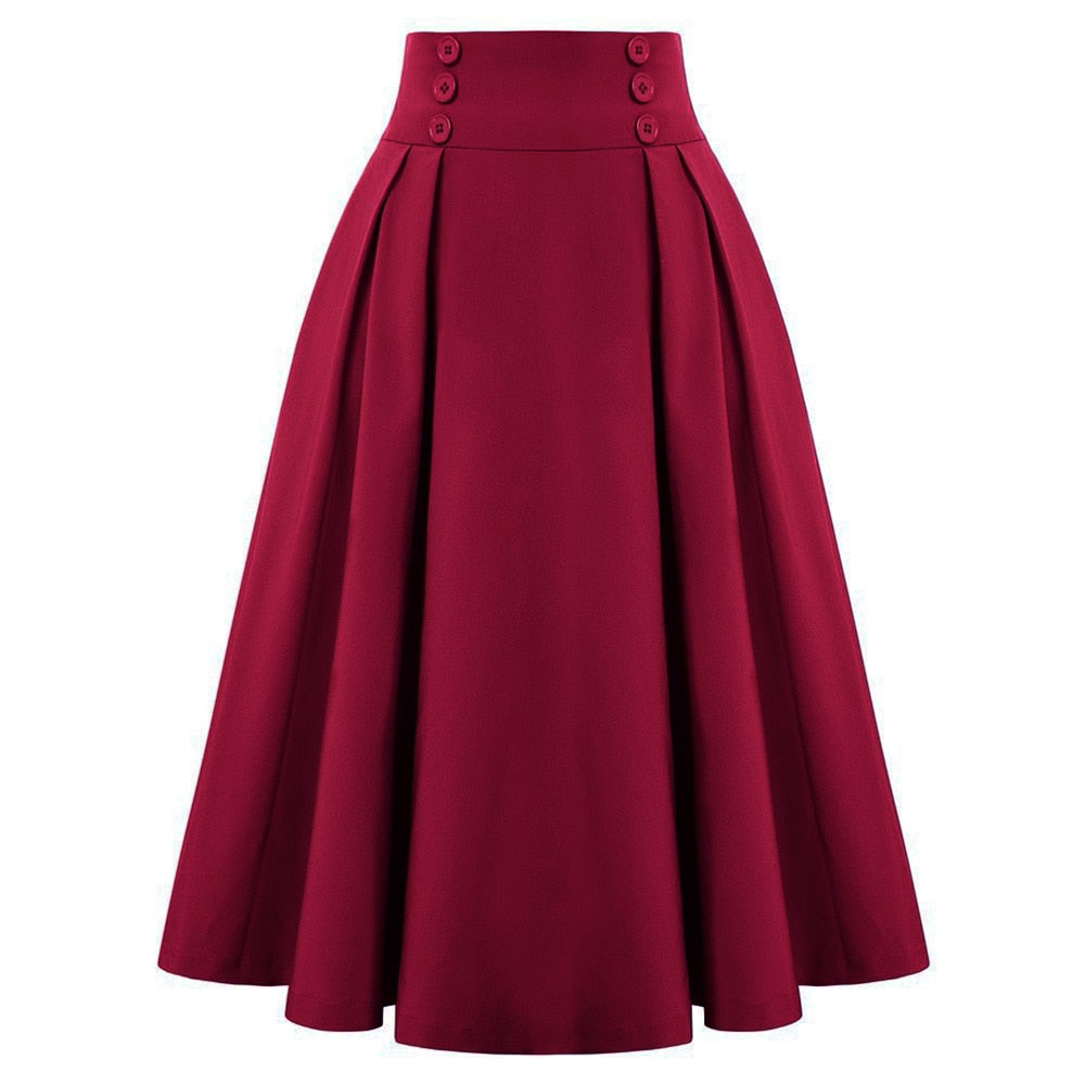 Elastic Waist A Line Elegant Flared Midi Skirts Solid Color