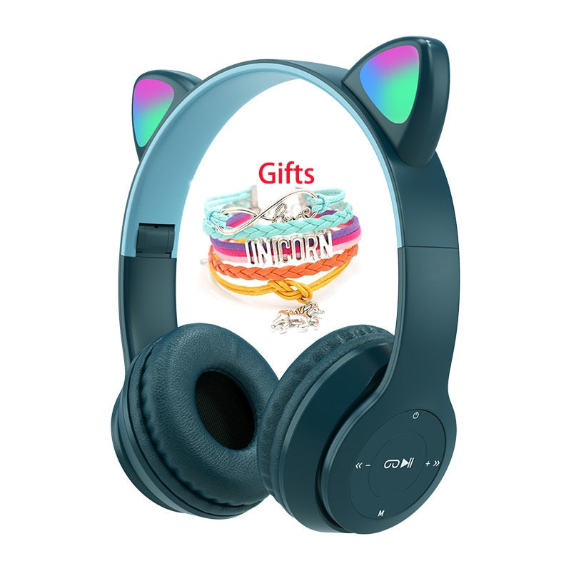 Wireless Headphones Cat Ear with Mic Blue-tooth Glow Light Stereo Bass