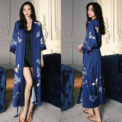 Black Print Floral Long Robe Nightgown Half Sleeve