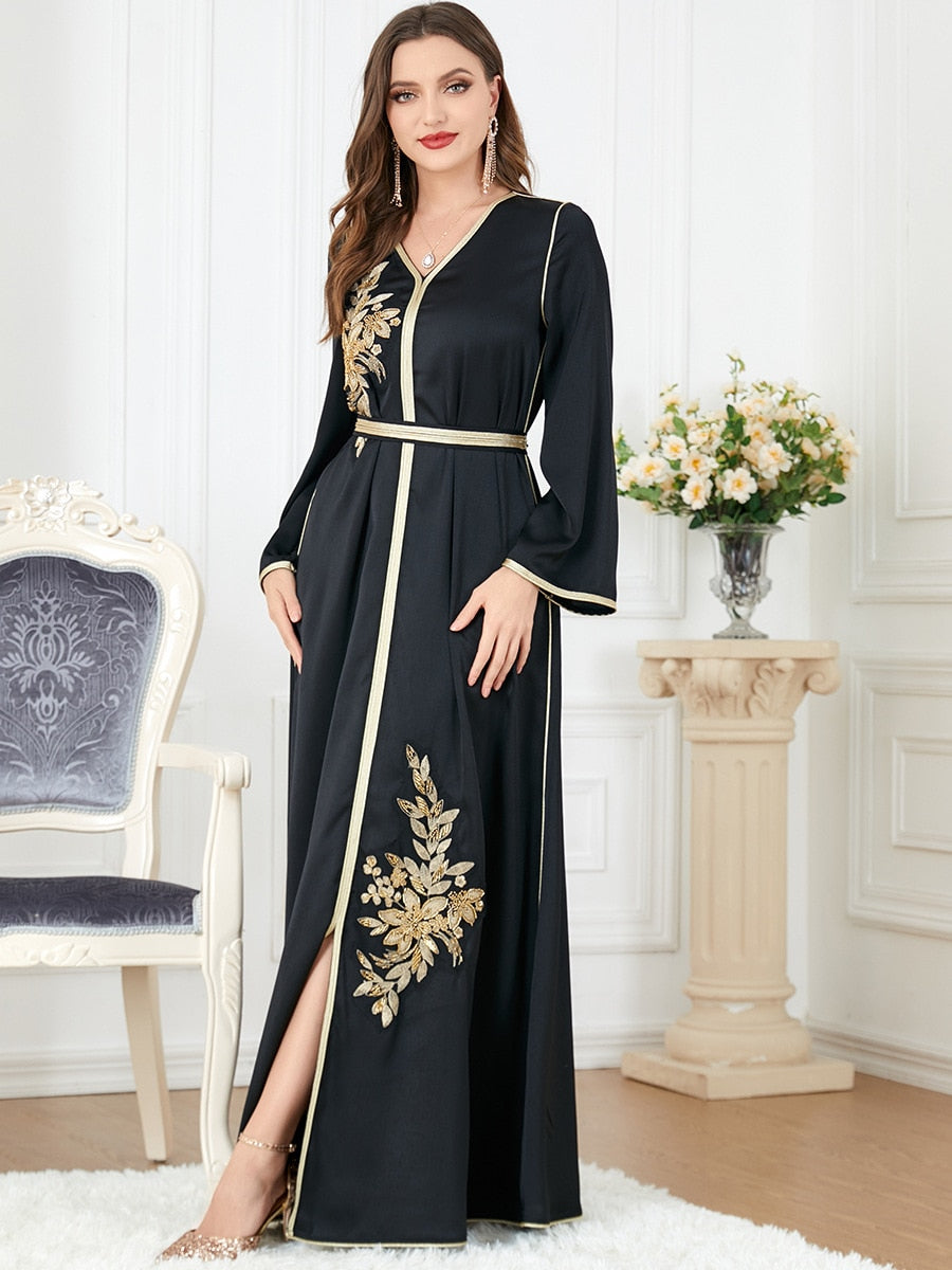 Elegant Muslim Dress Women Abaya Belted Embroidery