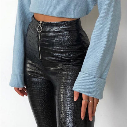 Women PU Leather High Waist Pants Trousers Fashion Ladies Streetwear