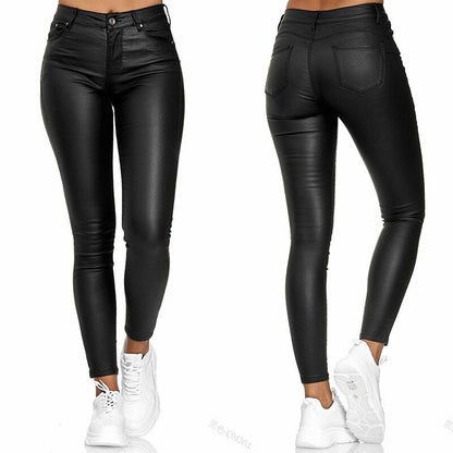 Solid PU Leather Pants Elastic Womens Leisure Trousers