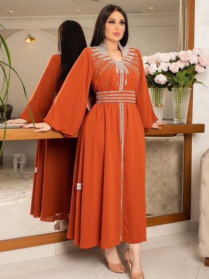 Women Muslim Abaya Stand Collar Fashion Diamond Kaftan Elegant Robe