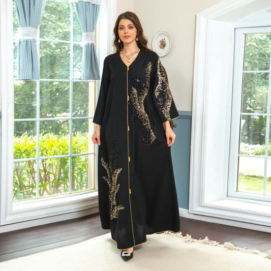 Muslim Abaya Elegant Long-sleeved Patchwork Embroidered Loose Dresses