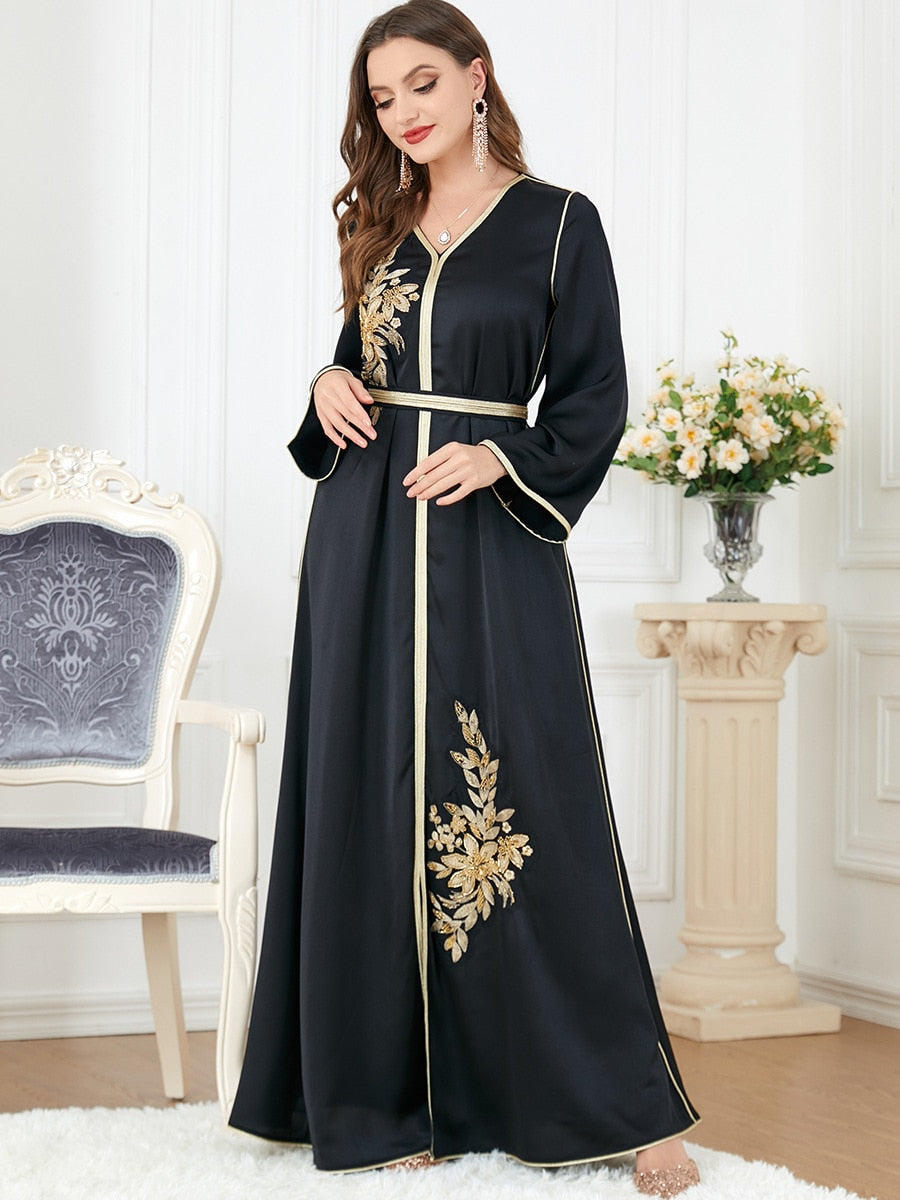 Elegant Muslim Dress Women Abaya Belted Embroidery