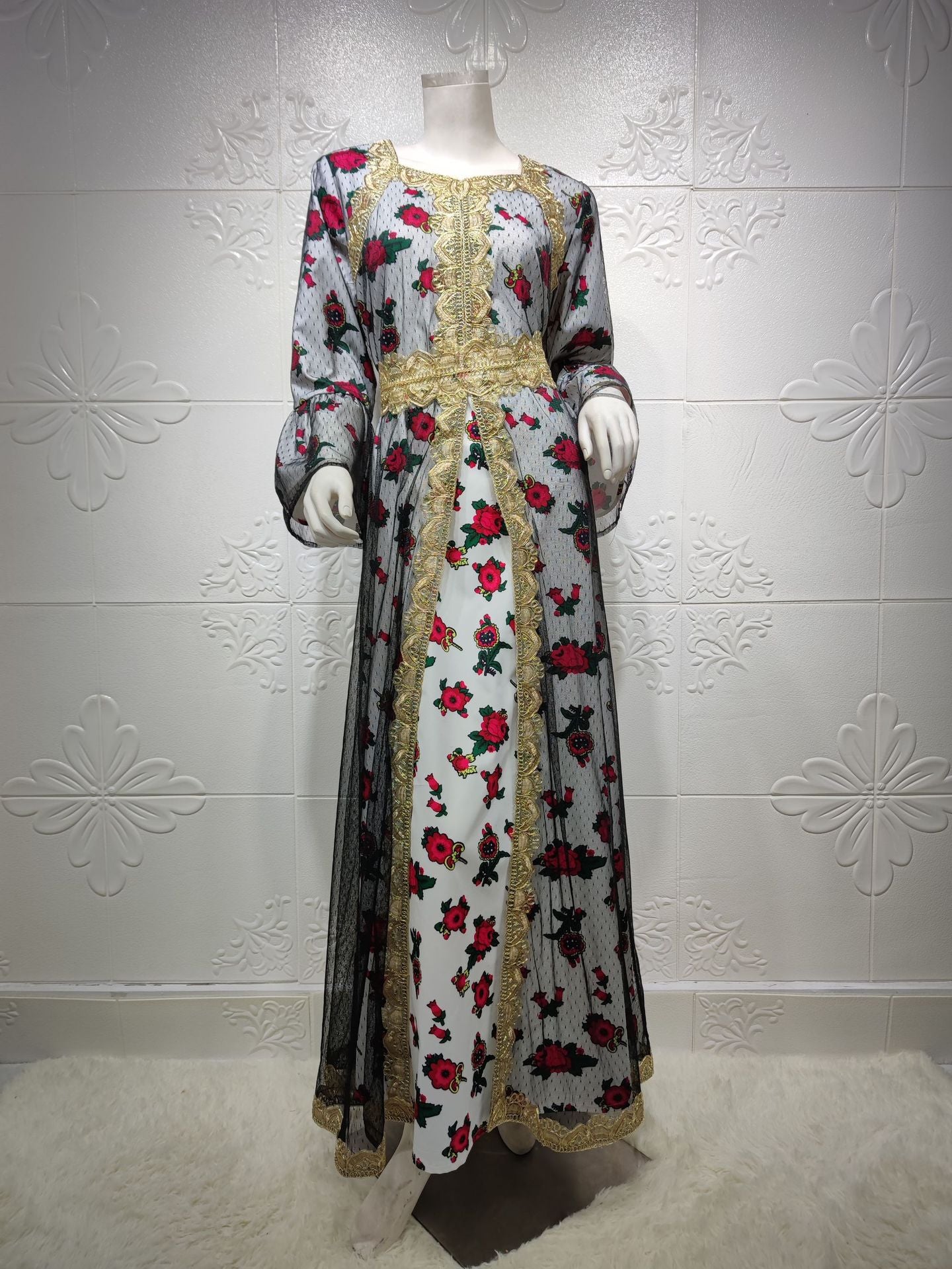 Morocco Kaftan Islamic Clothing Female Fashion Embroidery Mesh Dress