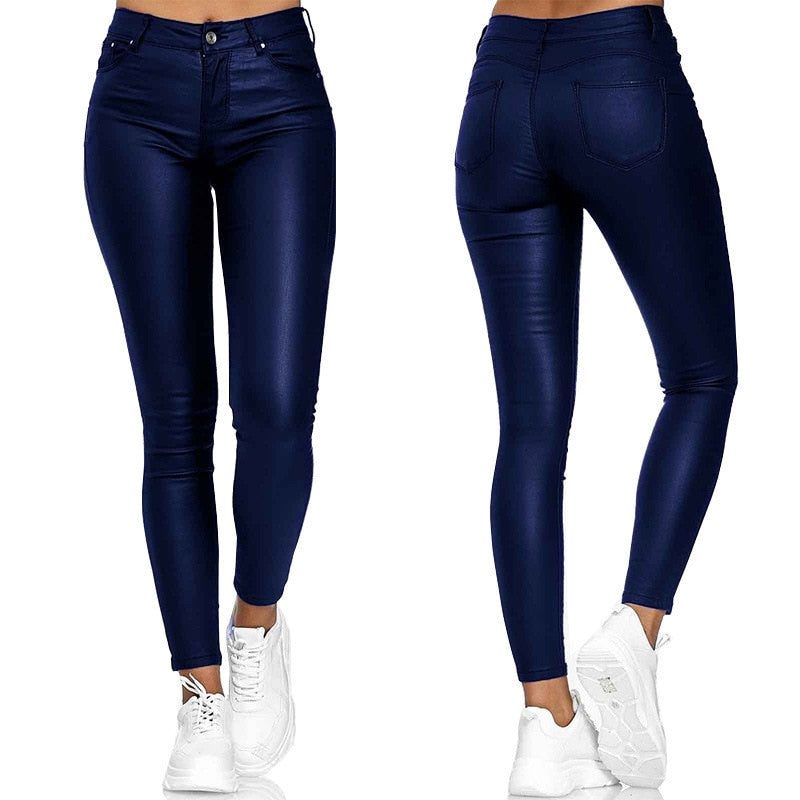Solid PU Leather Pants Elastic Womens Leisure Trousers