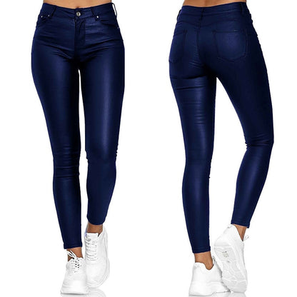 Solid PU Leather Pants Elastic Womens Leisure Trousers