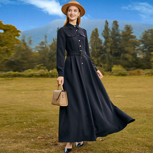 Long Dress for Office Lady Single Breasted Black Dress with Belt
