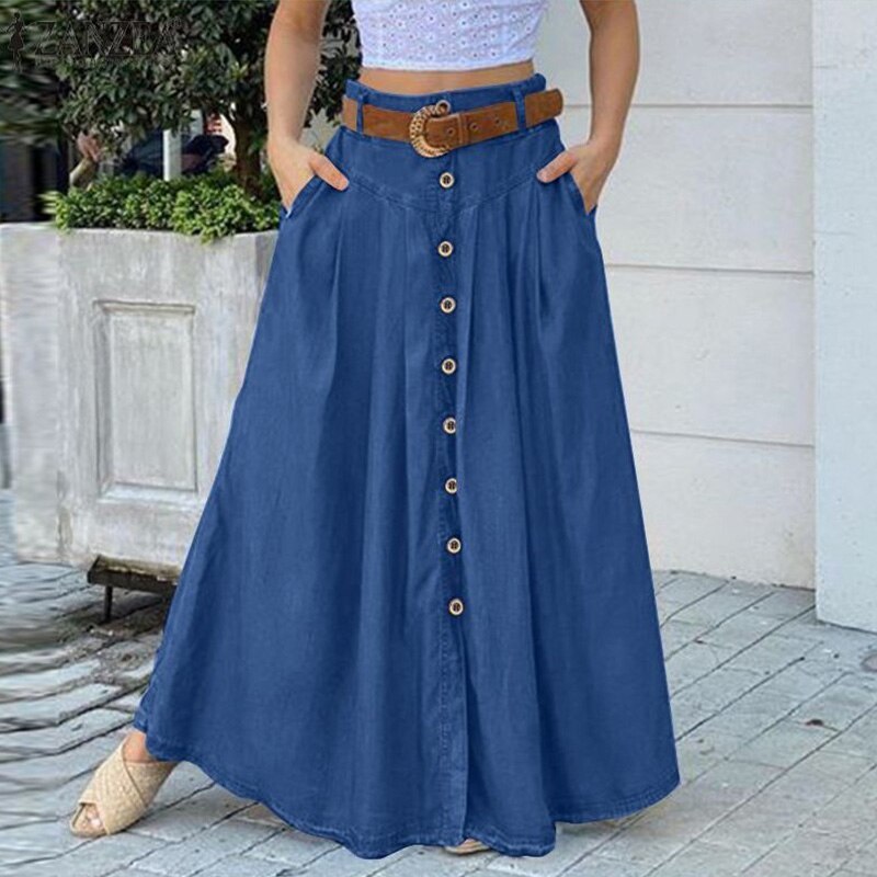 Women Button Patchwork Long Skirts