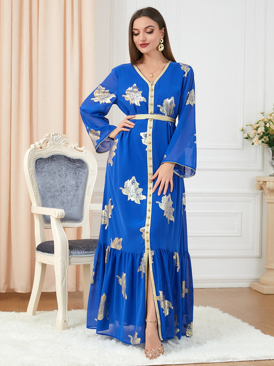 Moroccan Kaftan For Women Fashion Iron Button Belted Party Dresses