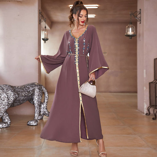 Fashion Diamonds Pullover Long Sleeve Robe Muslim Dress Abaya