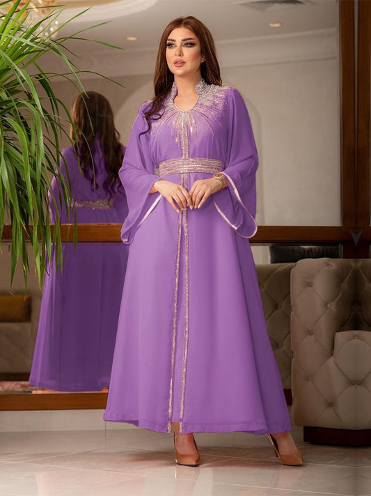 Women Muslim Abaya Stand Collar Fashion Diamond Kaftan Elegant Robe