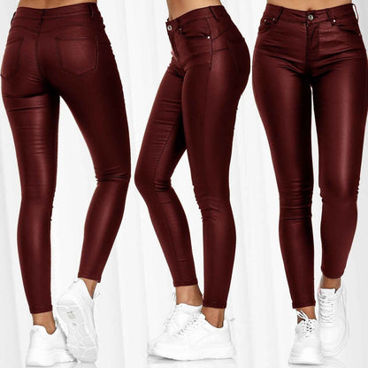 Solid PU Leather Pants Elastic Womens Leisure Trousers