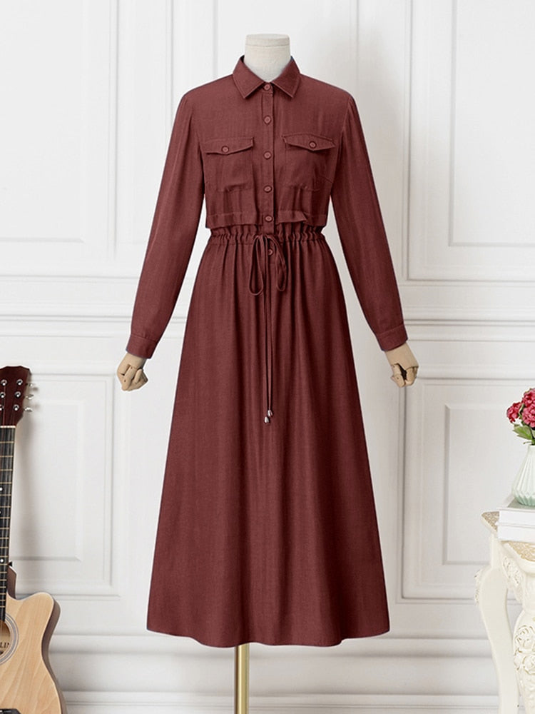 Fashion Muslim Dress Women Lapel Neck Long Sleeve Solid Shirt