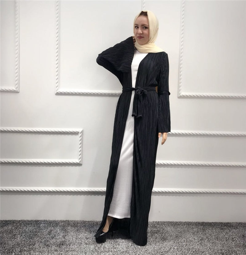 Pleated Cardigan Kimono Open Abaya Muslim Fashion Casual