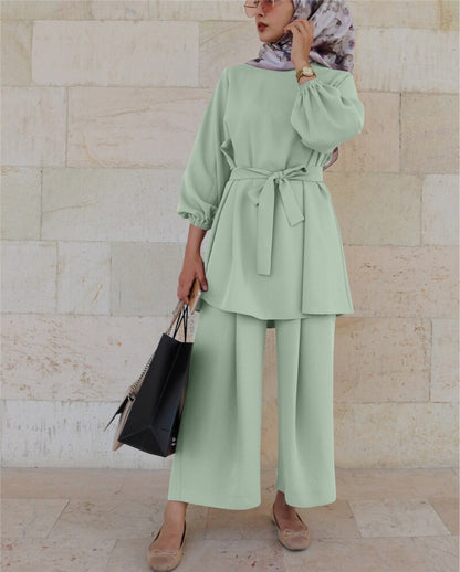 Muslim Two Piece Set Women Hijab Wide Leg Pant suits