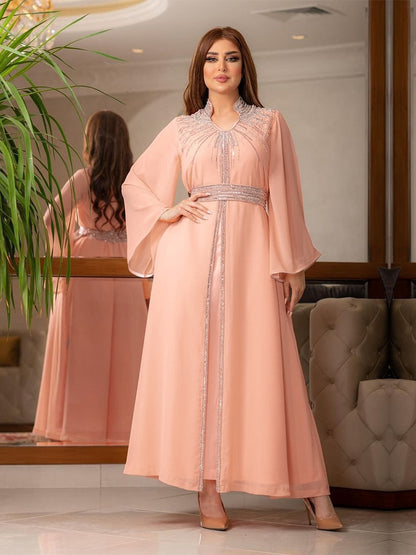 Women Muslim Abaya Stand Collar Fashion Diamond Kaftan Elegant Robe