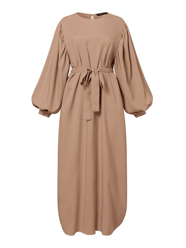 Elegant Muslim Dress For Women Fashion Belted Maxi Solid Long Sleeve