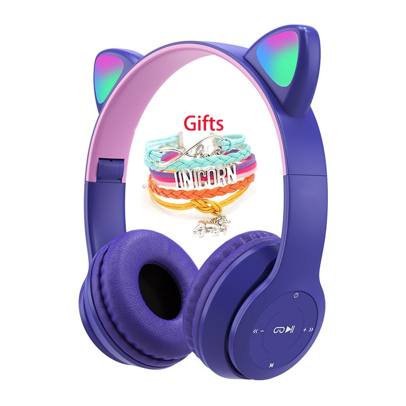 Wireless Headphones Cat Ear with Mic Blue-tooth Glow Light Stereo Bass