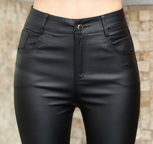 Leather Pants Women´s High Waist Feet Winter Black Casual Pants
