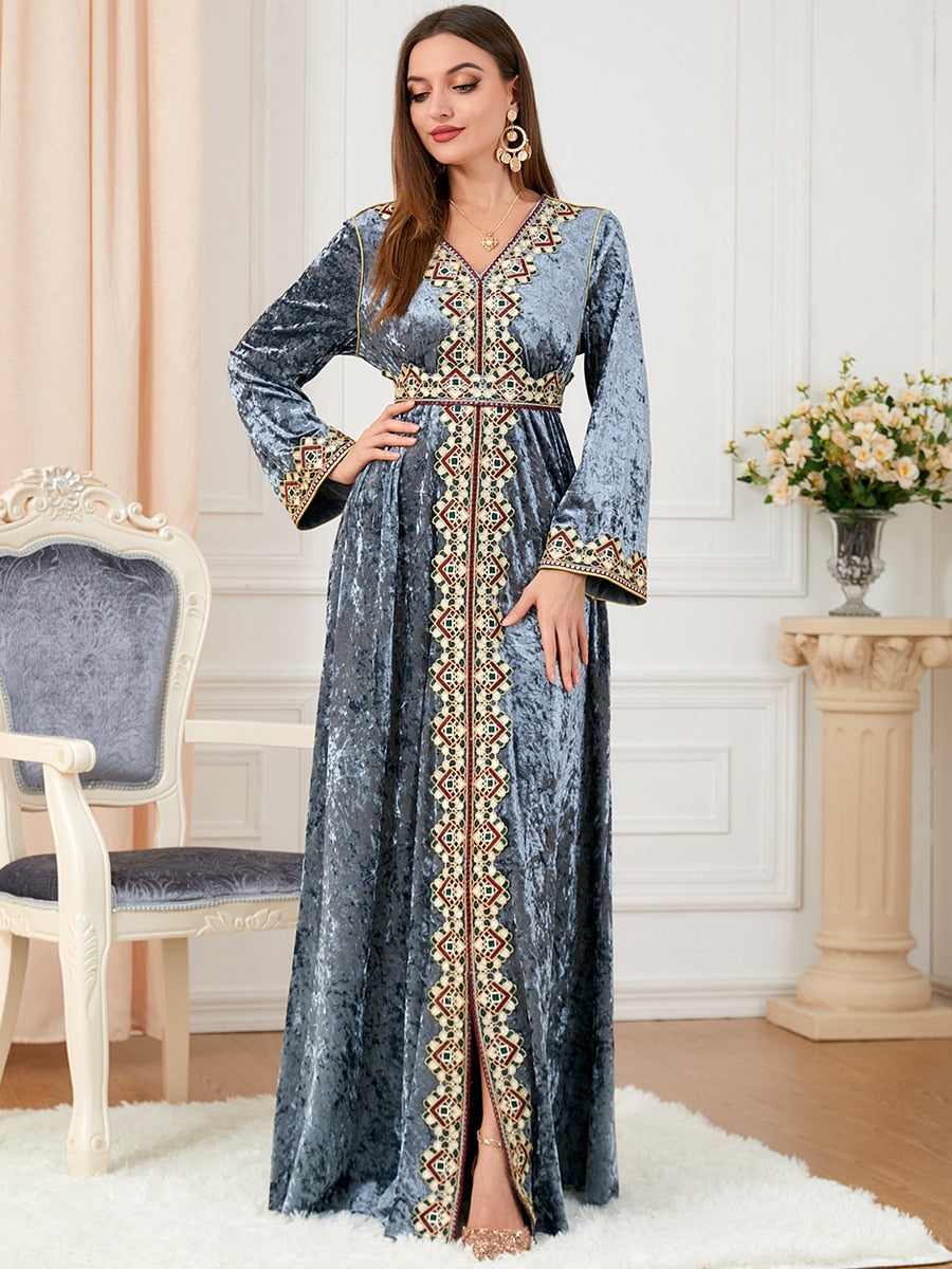 Velvet Muslim Dress Women Kaftan Embroidery Morocco Party Dress
