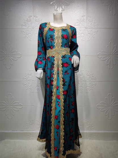 Morocco Kaftan Islamic Clothing Female Fashion Embroidery Mesh Dress