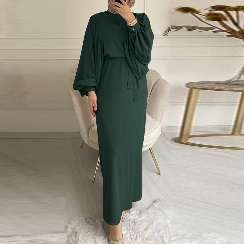 Elegant Muslim Dress For Women Fashion Belted Maxi Solid Long Sleeve
