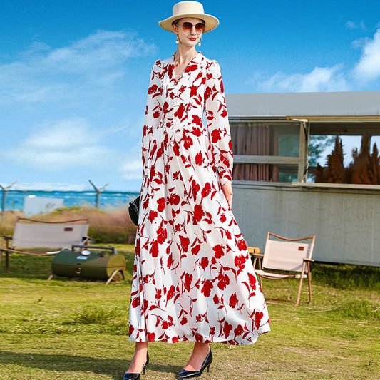 Turn-down Collar Fashion Spring Printed Flower Dress Long Sleeve Women