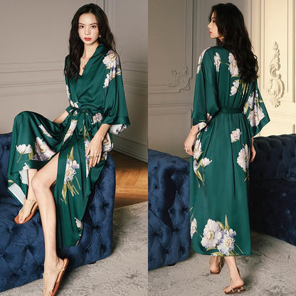 Black Print Floral Long Robe Nightgown Half Sleeve