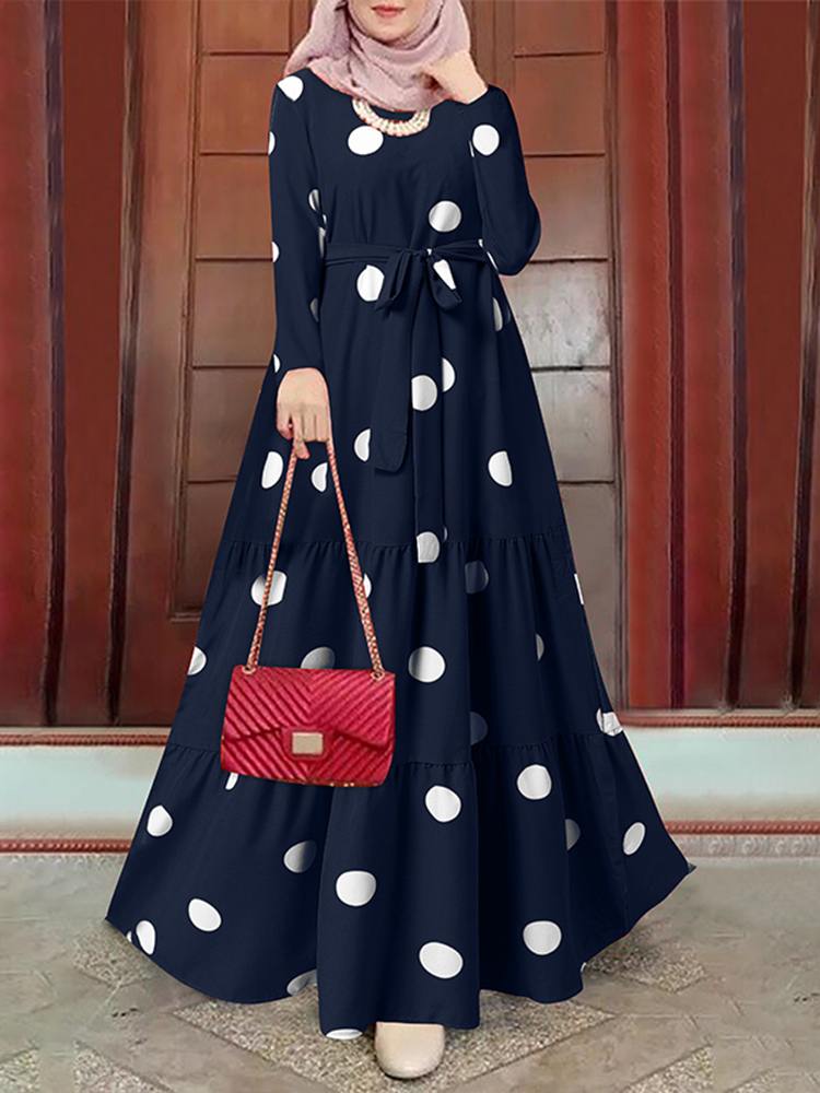 Women's Vintage Polka Dot Printed Abaya Dress Islamic Clothing