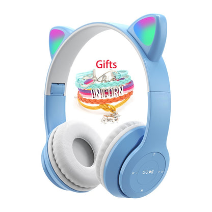 Wireless Headphones Cat Ear with Mic Blue-tooth Glow Light Stereo Bass